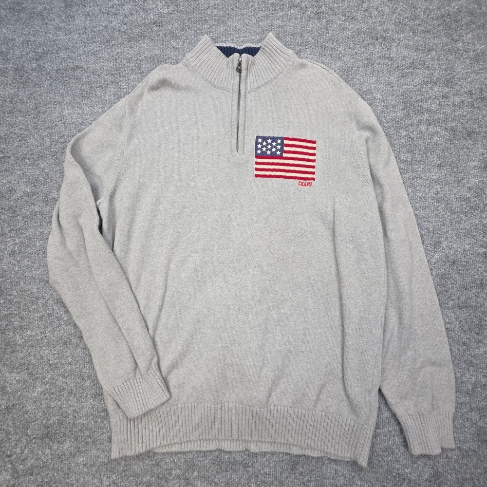 CHAPS American Flag Sweater Mens XL Gray 1/4 Zip USA